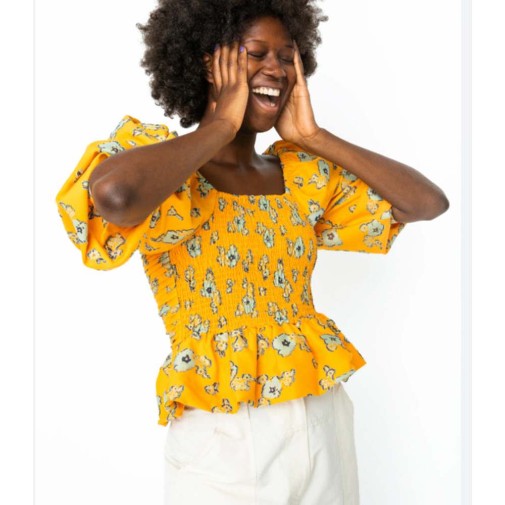Tanya Taylor Yellow Floral Smocked Peplum Top M Puff Long Sleeves Square Neck